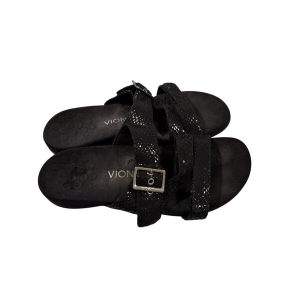 Vionic Black Snake-Embossed Slide Sandals Adjustable Buckles & Arch Support Sz 8 - Picture 2 of 7